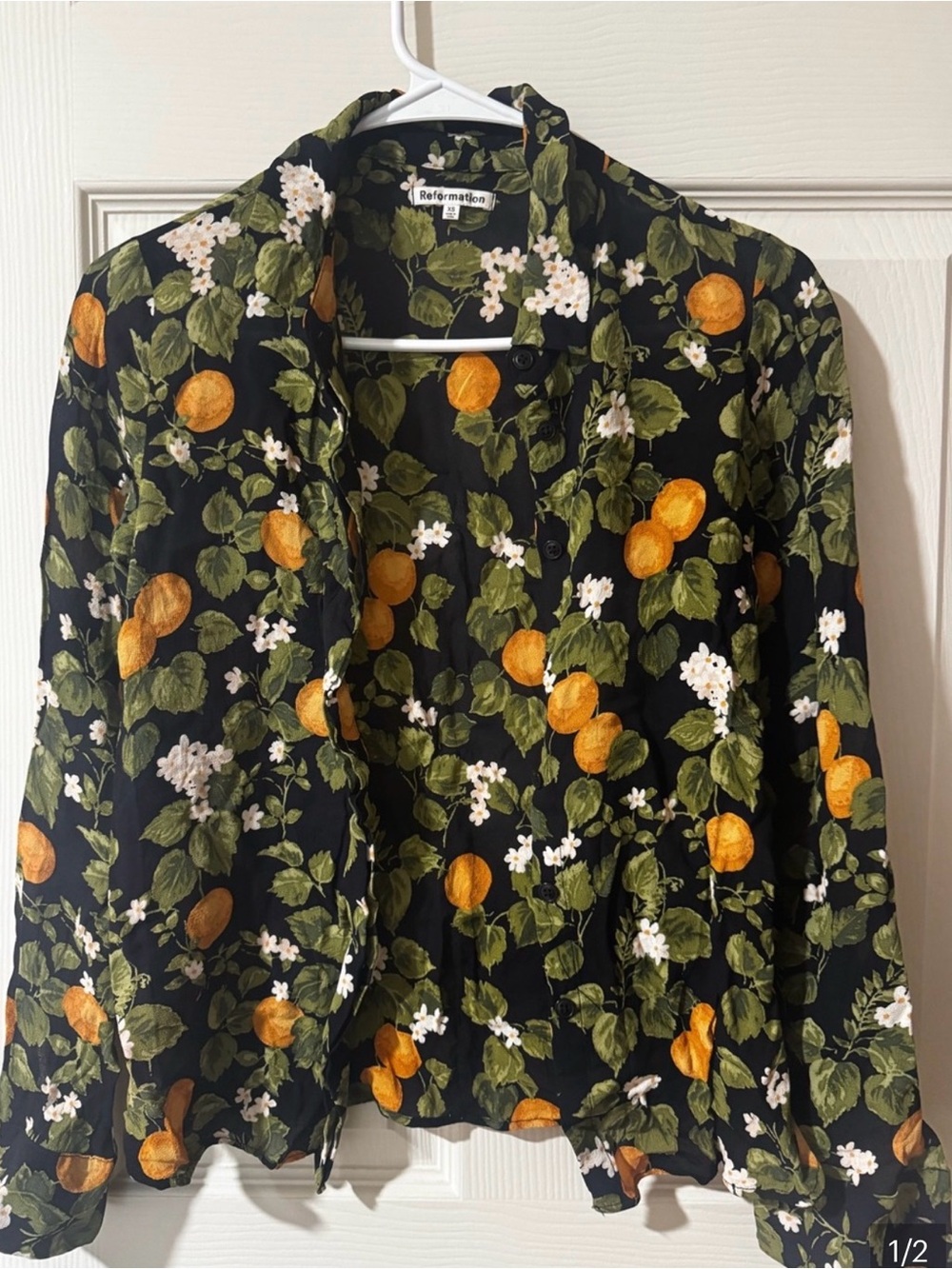 Reformation Black Jacket with Orange Fruit & Green Leaf Print